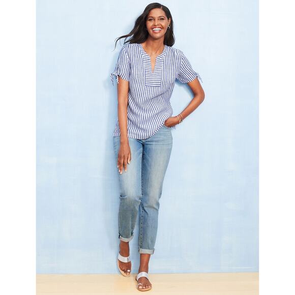 Talbots Linen White blue stripe tie sleeve top SIze XS - Picture 1 of 10